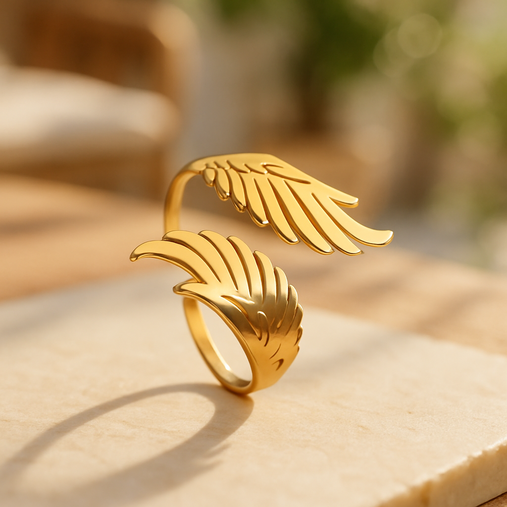 Bague acier inoxydable doré ailes d'ange espace ensoleillé naturel lumieux