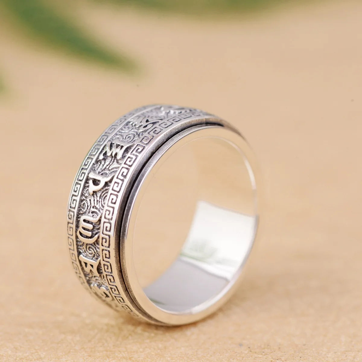 Bague homme argent sterling 925 rotative anti-stress motifs mantra zen porte-bonheur