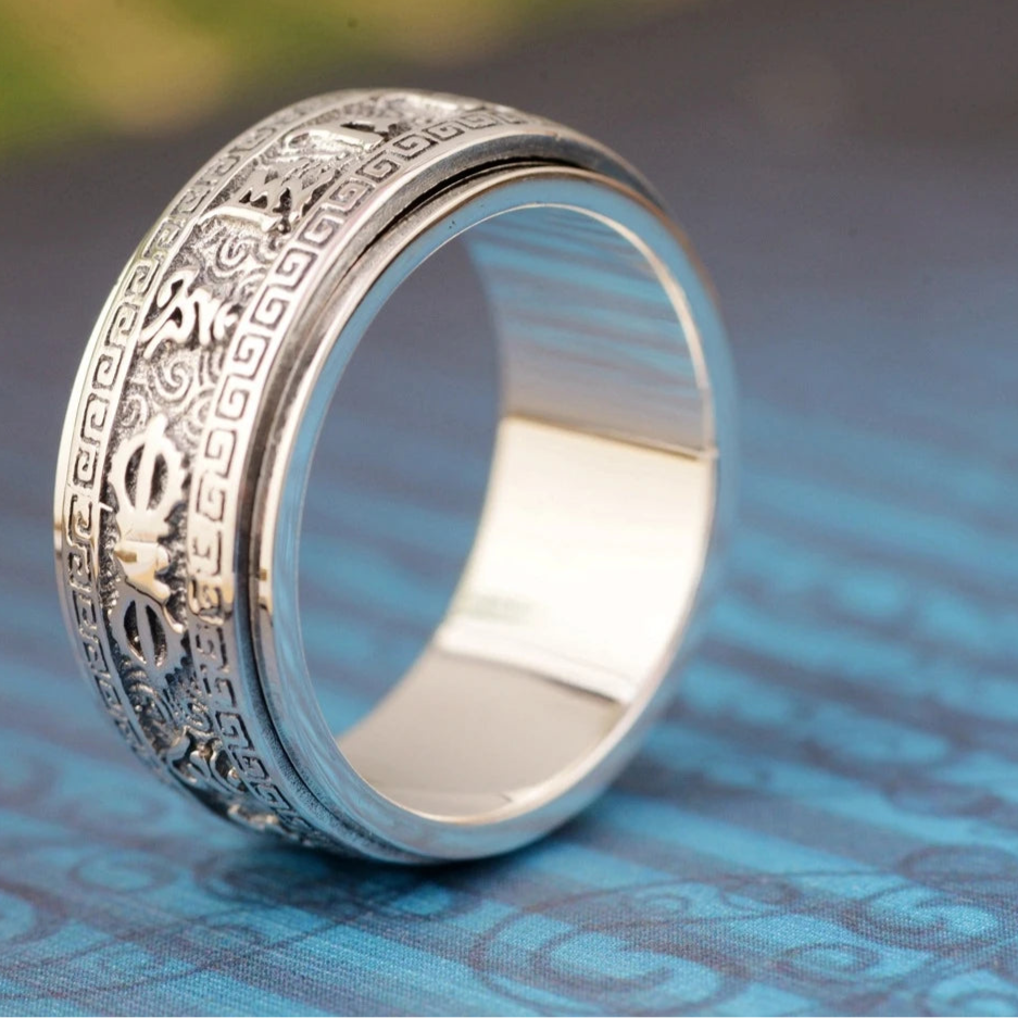 Bague homme argent sterling 925 rotative anti-stress motifs mantra zen porte-bonheur