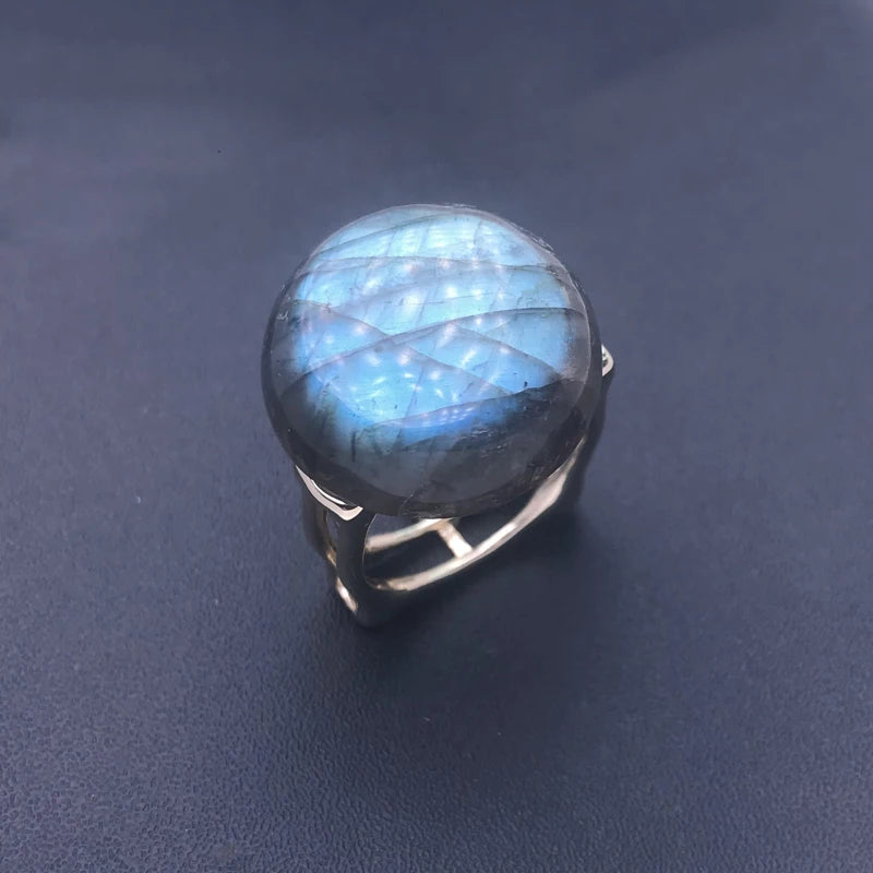 Bague labradorite bleue ronde anti-stress ajustable argent sterling 925 bouclier énergétique vertus apaisante