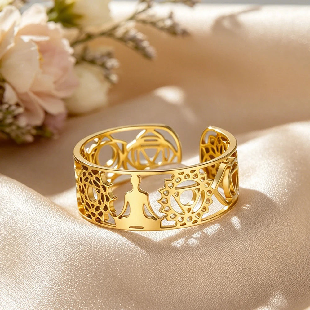 Bague yoga acier inoxydable dorée réglable ouverte tissu rose fleur romantique