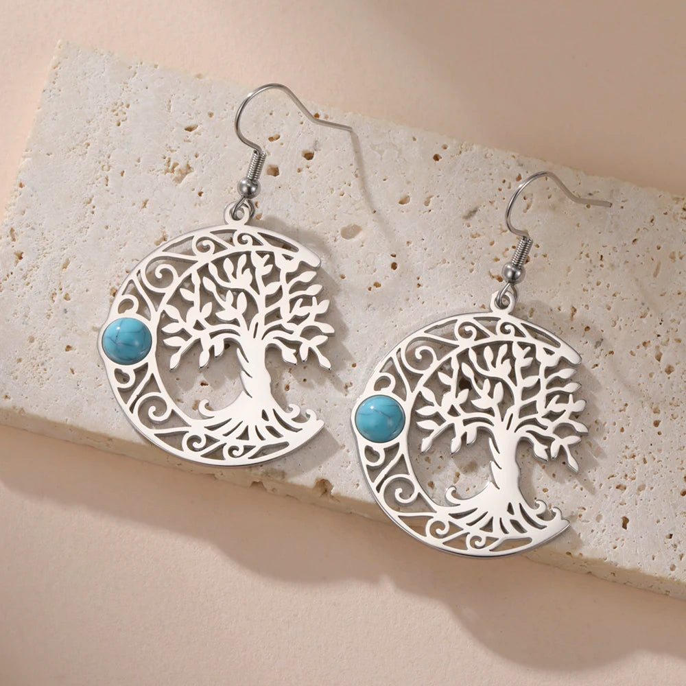Boucles d'oreilles acier inoxydable argenté pendantes arbre de vie croissant de lune perle de turquoise