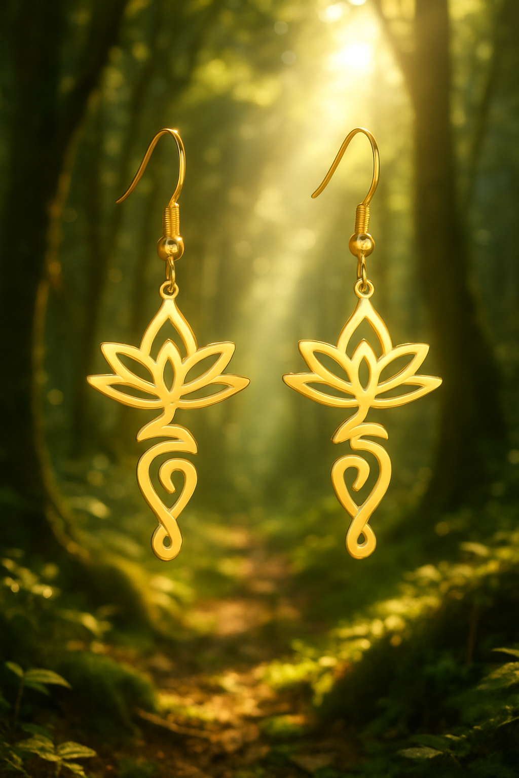 Boucles d'oreilles acier inoxydable doré pendantes fée lotus forêt féerique