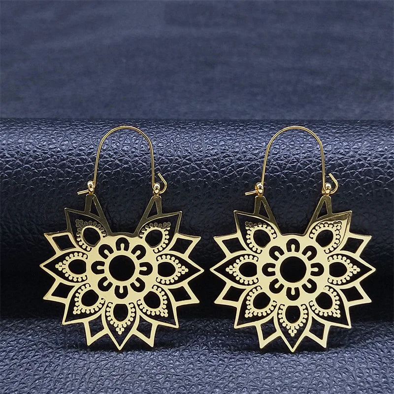 Boucles d'oreilles femme acier inoxydable doré fleur de lotus