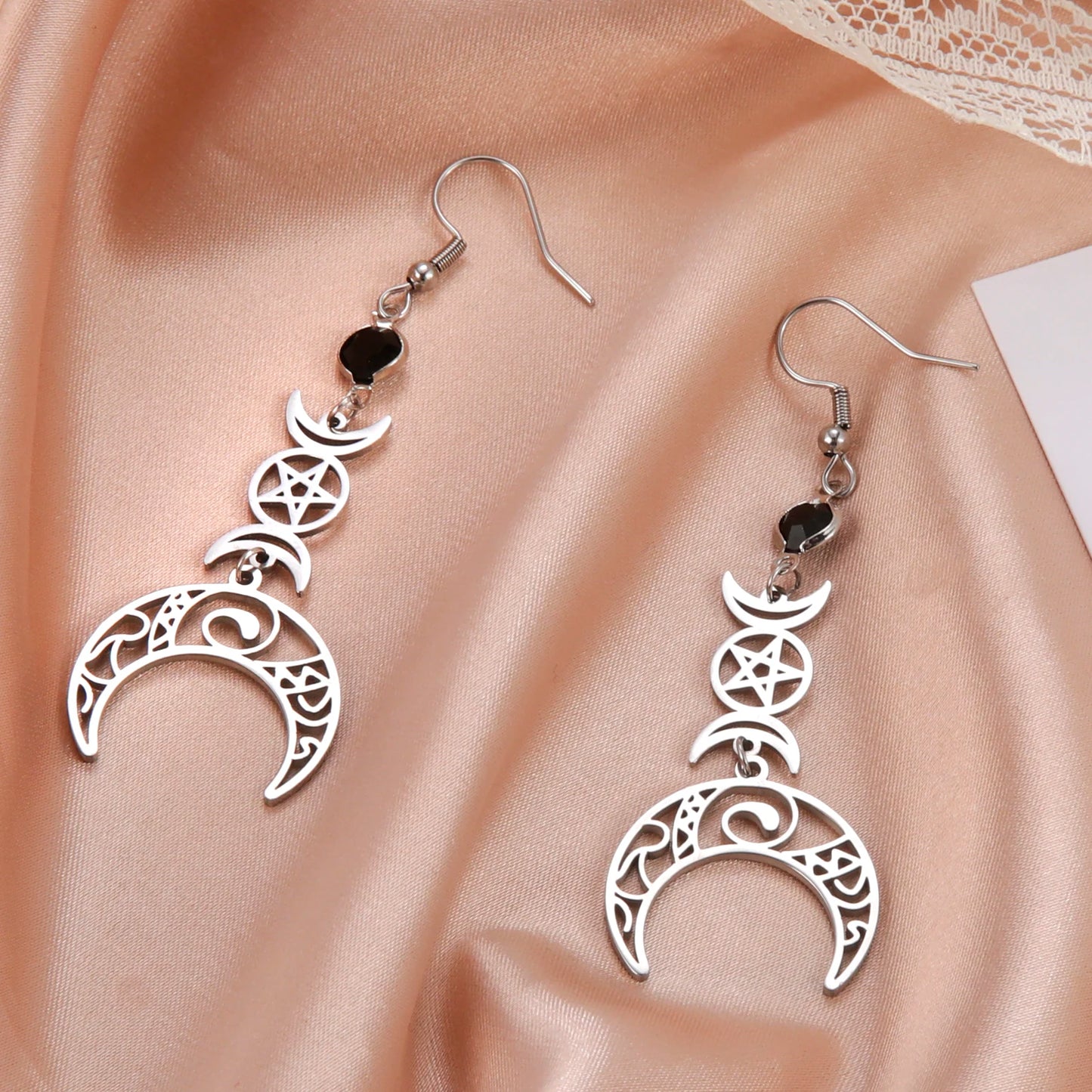 Boucles d'oreilles femme pendantes acier inoxydable argenté croissant de lune pentacle wicca