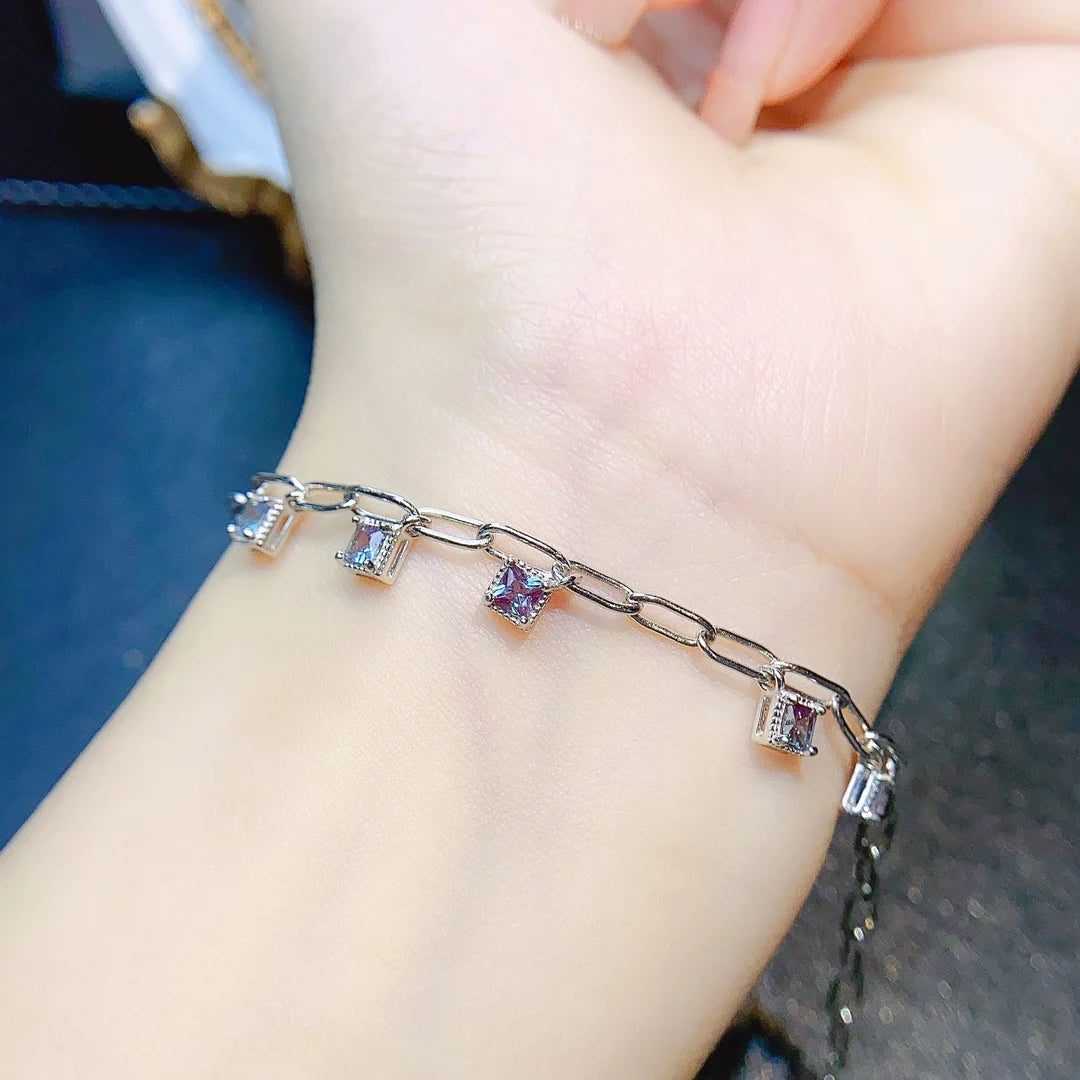 Bracelet femme argent chaine avec 5 pierres naturelle d'Alexandrite
