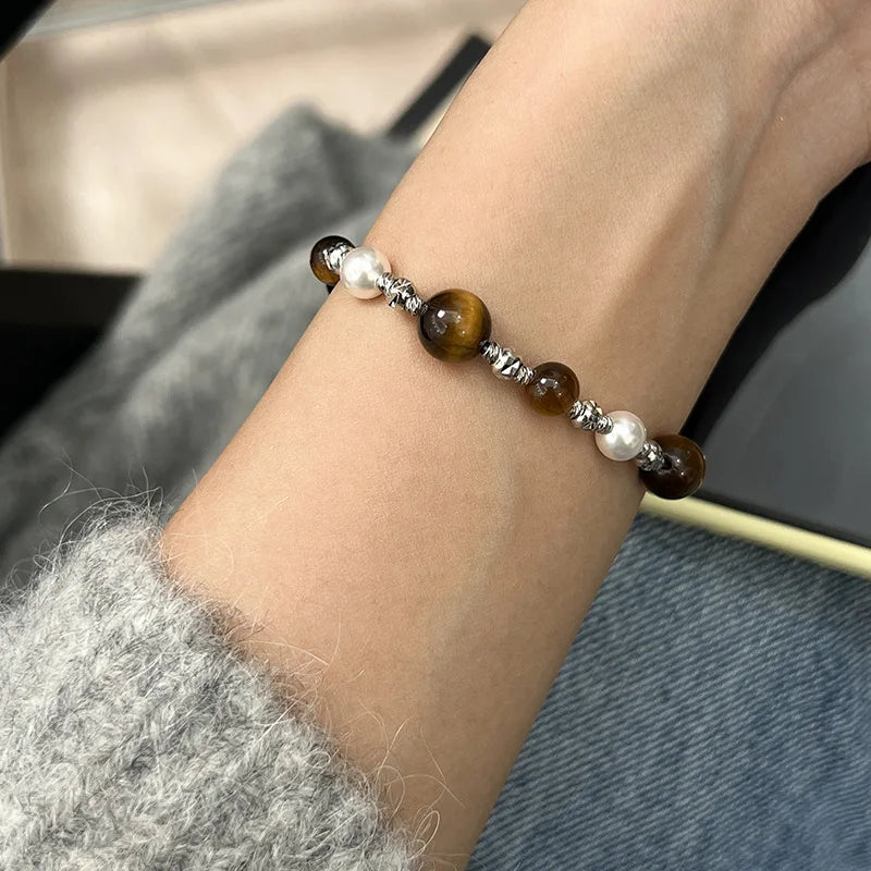 Bracelet femme tendance perles oeil de tigre alliage zinc argenté poignet femme