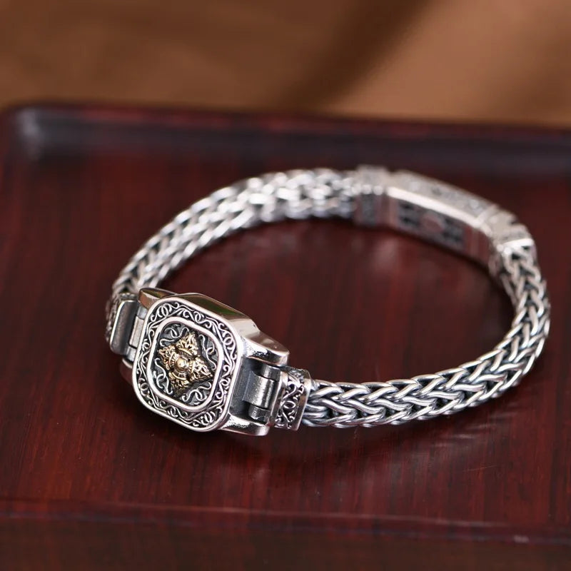 Bracelet homme argent vintage retro symbole porte-bonheur gravé bonne fortune prospérité