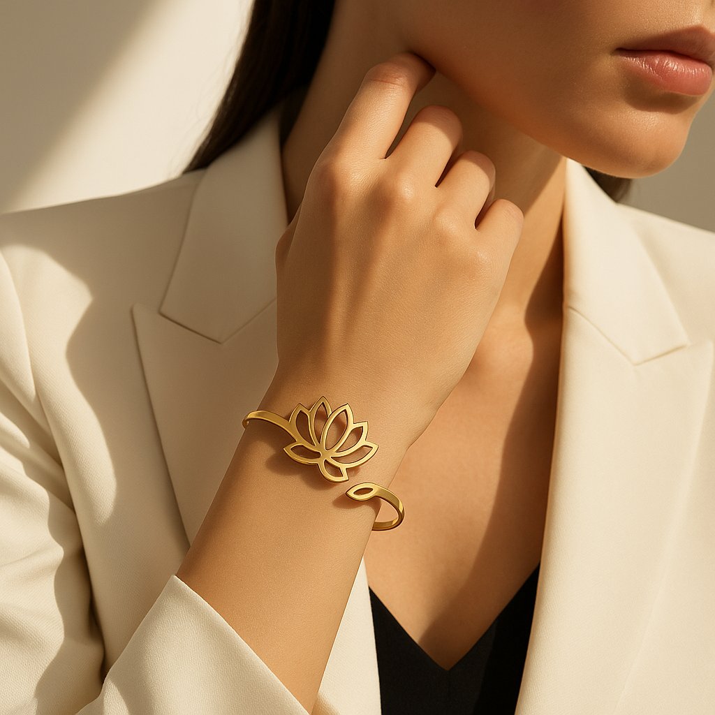 Bracelet tendance femme acier inoxydable doré fleur de lotus