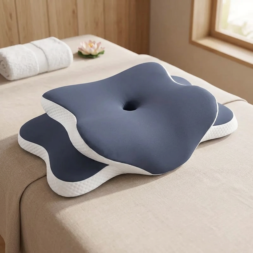 Butterfly design oreiller posé sur une table de spa beige, près d’une serviette roulée et d’une fenêtre.