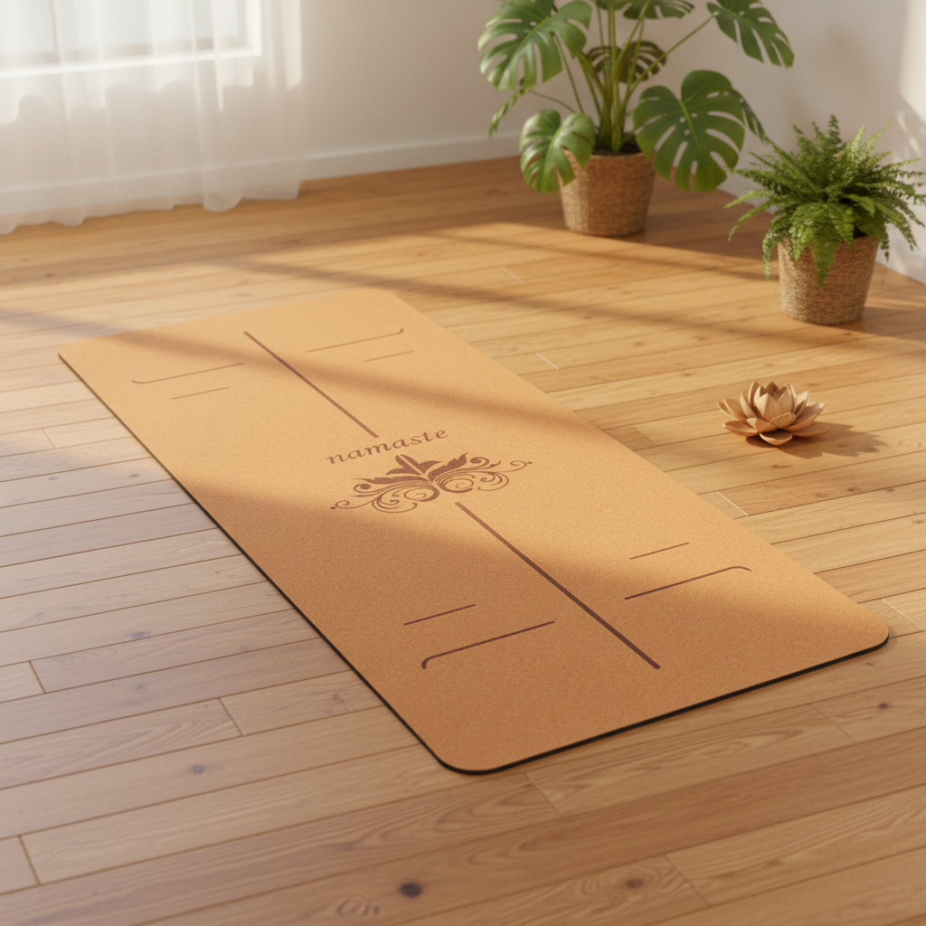 Yogamat liège déroulé dans studio yoga lumineux avec motif namaste gravé