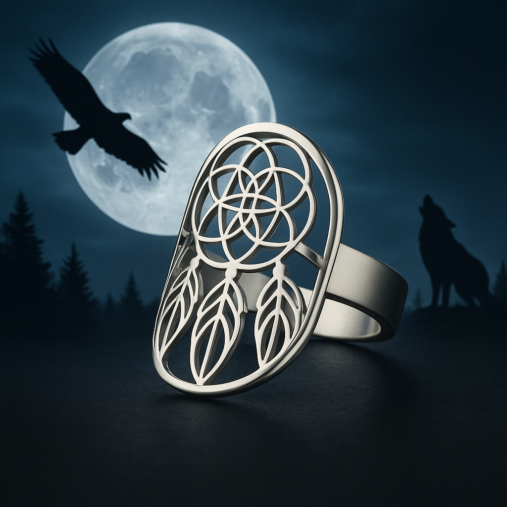 Bague acier inoxydable argentĂ© attrape rĂȘve loup aigle chamanique pleine lune bois féérique