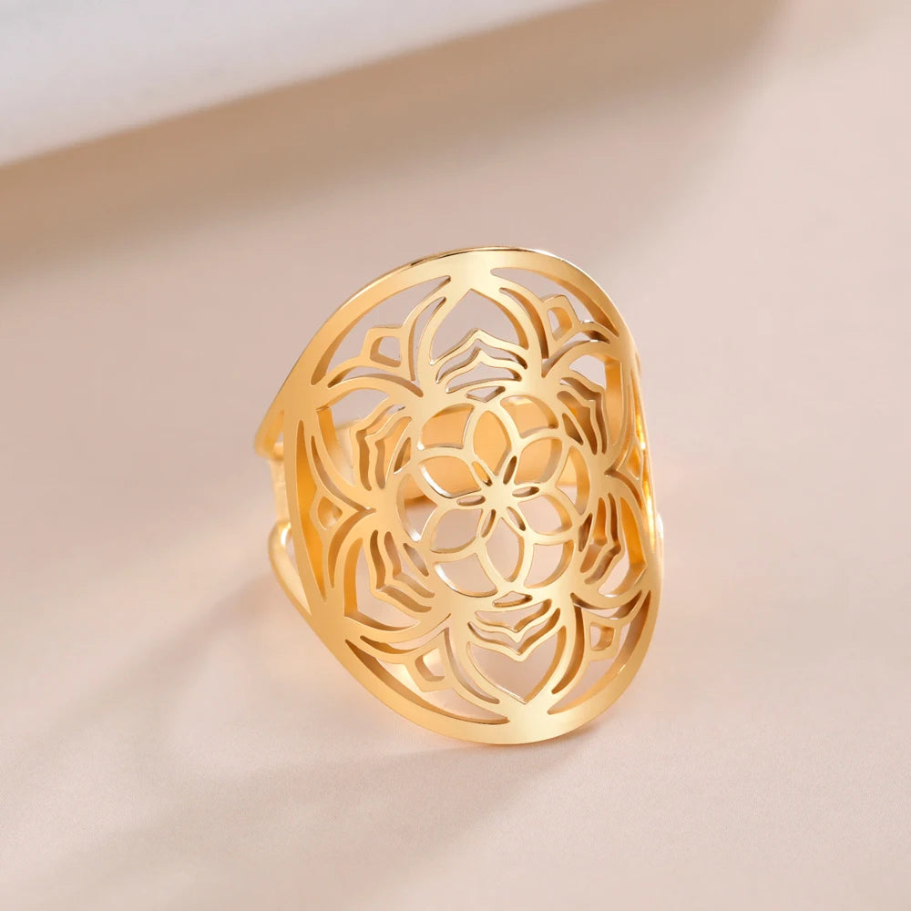 Bague acier inoxydable doré fleur de lotus tissu rose