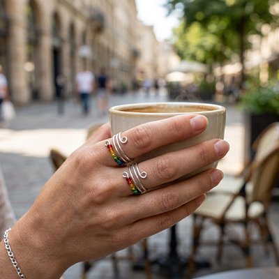 Bague anti stress argentée perles tournantes colorées 7 chakras femme yoga