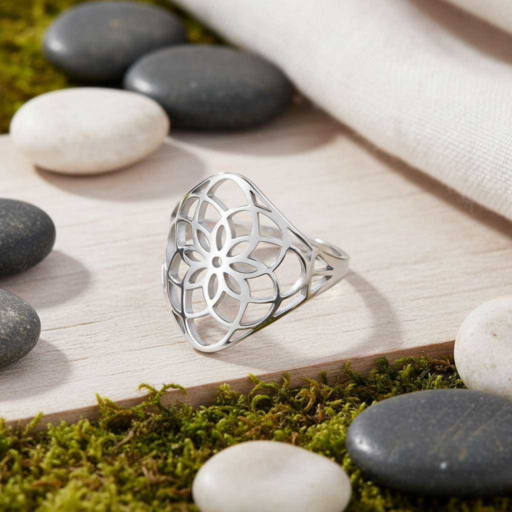 Bague anti stress fleur de vie argentée acier inoxydable fond zen