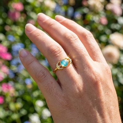 Bague femme turquoise brille au soleil nature fleurie
