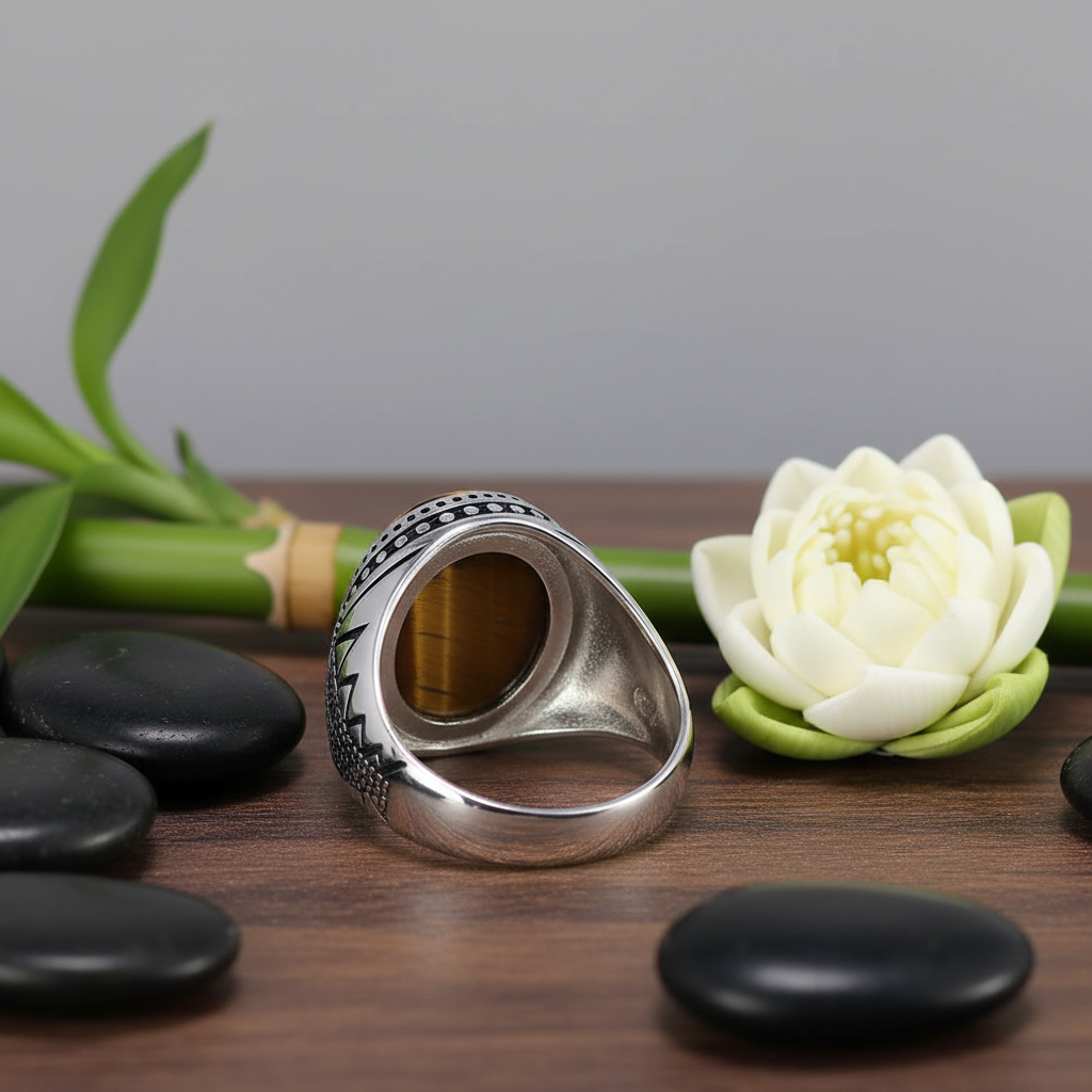 Bague homme argent 925 vue intérieure sur fond zen bois naturel