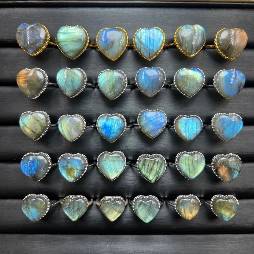 Bague labradorite coeur pierre naturelle bleue irisée anti stress argent sterling 925