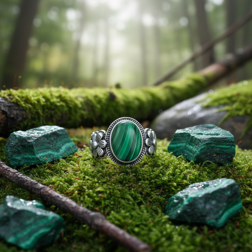 Bague malachite argent 925 entourée de pierres malachite brutes nature