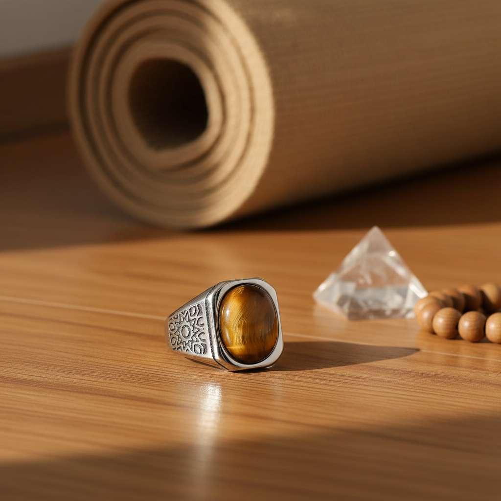 Bague oeil de tigre homme tapis de yoga – bijou pierre naturelle pour la pratique