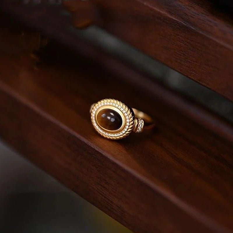 Bague oeil de tigre acier inoxydable doré