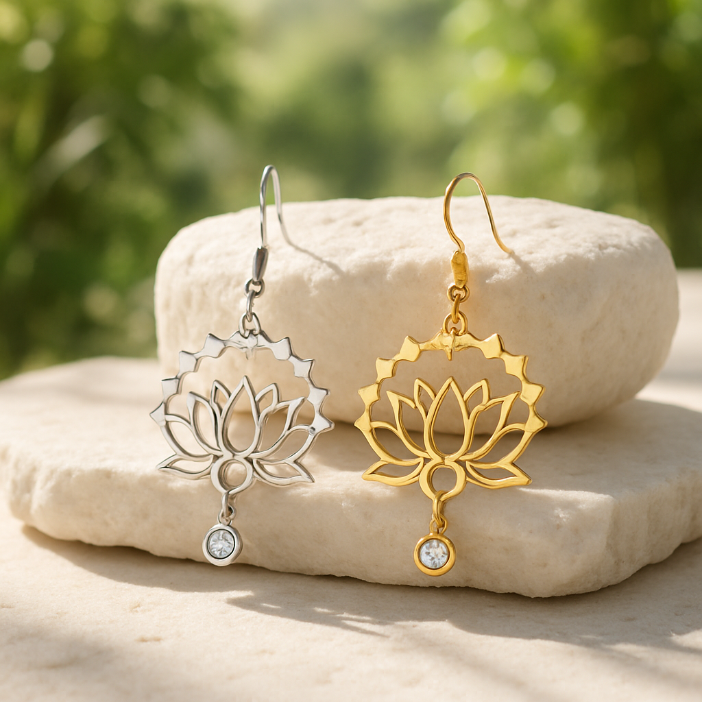 Deux Boucles d'oreille femme acier inoxydable doré argent zircon fleur de lotus lune sur galet zen