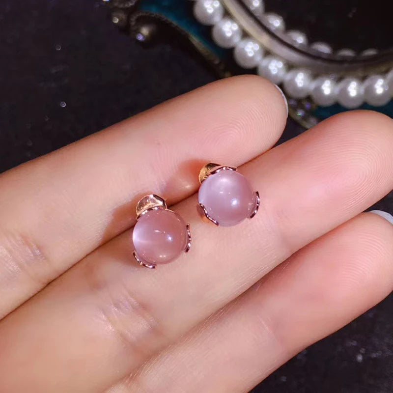 boucles d'oreilles femme argent plaqué or boules de quartz rose