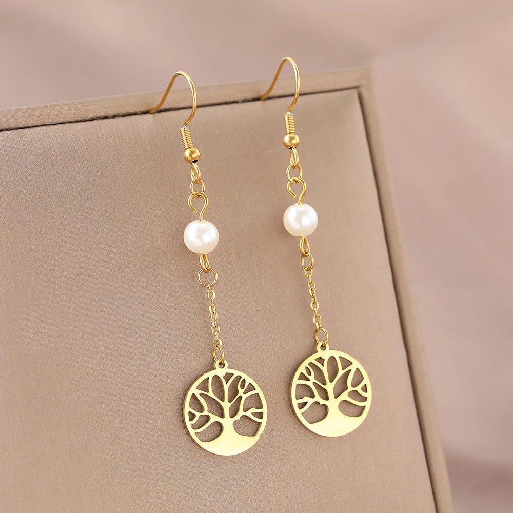 Boucles d'oreilles pendantes acier inoxydable doré arbre de vie écrin marron clair