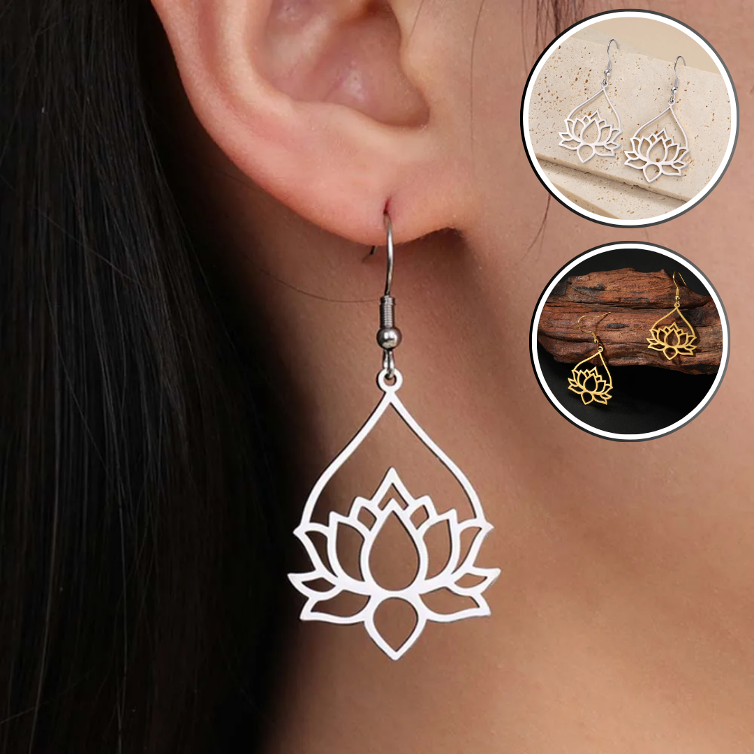 boucles d' oreilles pendantes fleur de lotus femme acier inoxydable doré ou argenté
