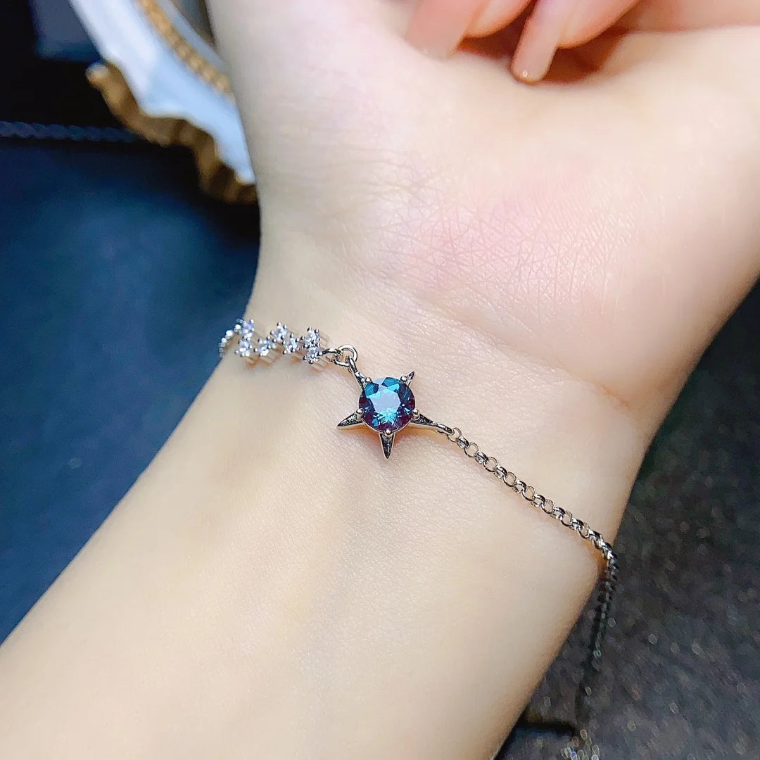 Bracelet femme argent pierre naturelle alexandrite zircons en forme d'étoile chaine ajustable