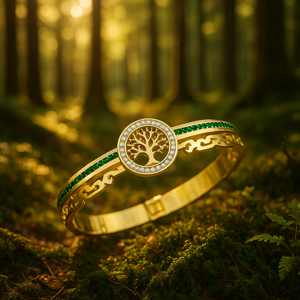 bracelet femme acier inoxydable doré arbre de vie dans une forêt