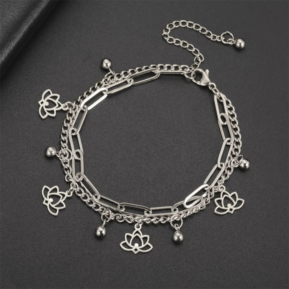 Bracelet femme acier inoxydable argenté fleur de lotus chaine double ajustable