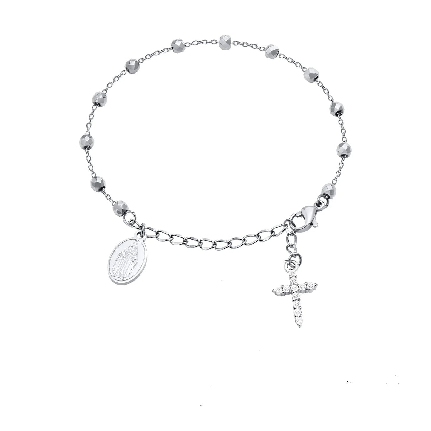 Bracelet femme tendance acier inoxydable doré ajustable croix médaille sainte vierge