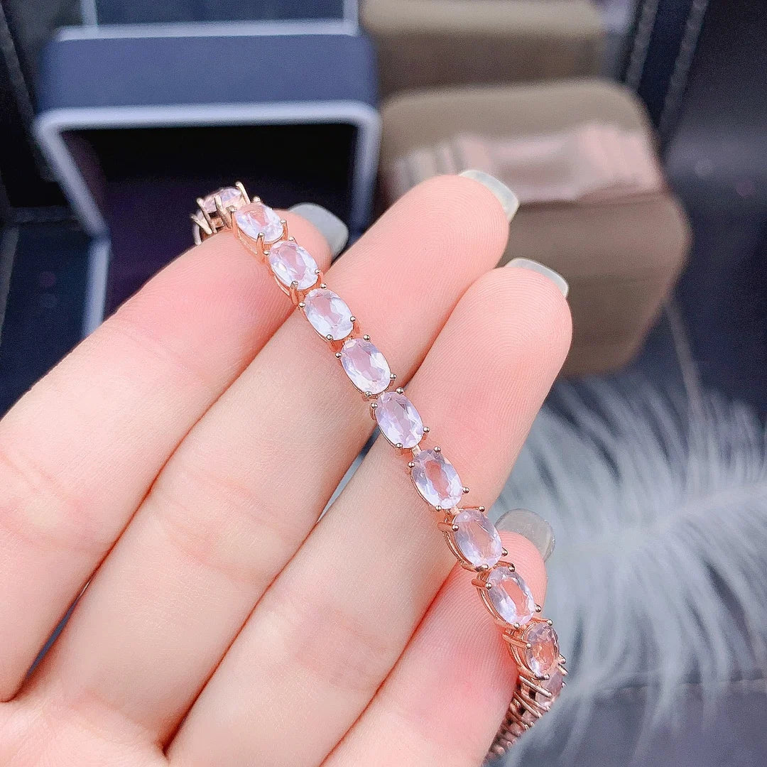 Bracelet femme tendance argent pierres naturelles de quartz rose anti-stress
