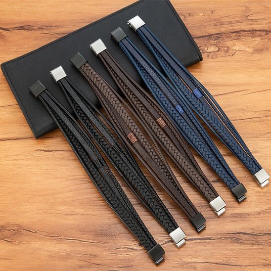 bracelet homme cuir tressé multicouches marron fermoir métallique