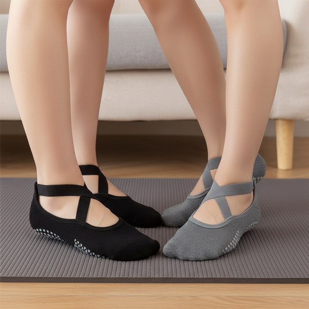 Chaussette yoga antidérapante noire et gris foncé - lot de 2 paires