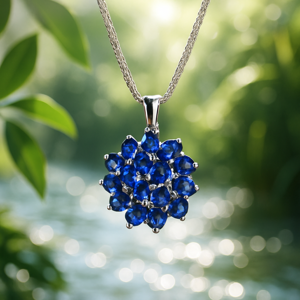 Collier femme argent chaine pendentif pierre naturelle kyanite en forme de fleur de lotus nature zen