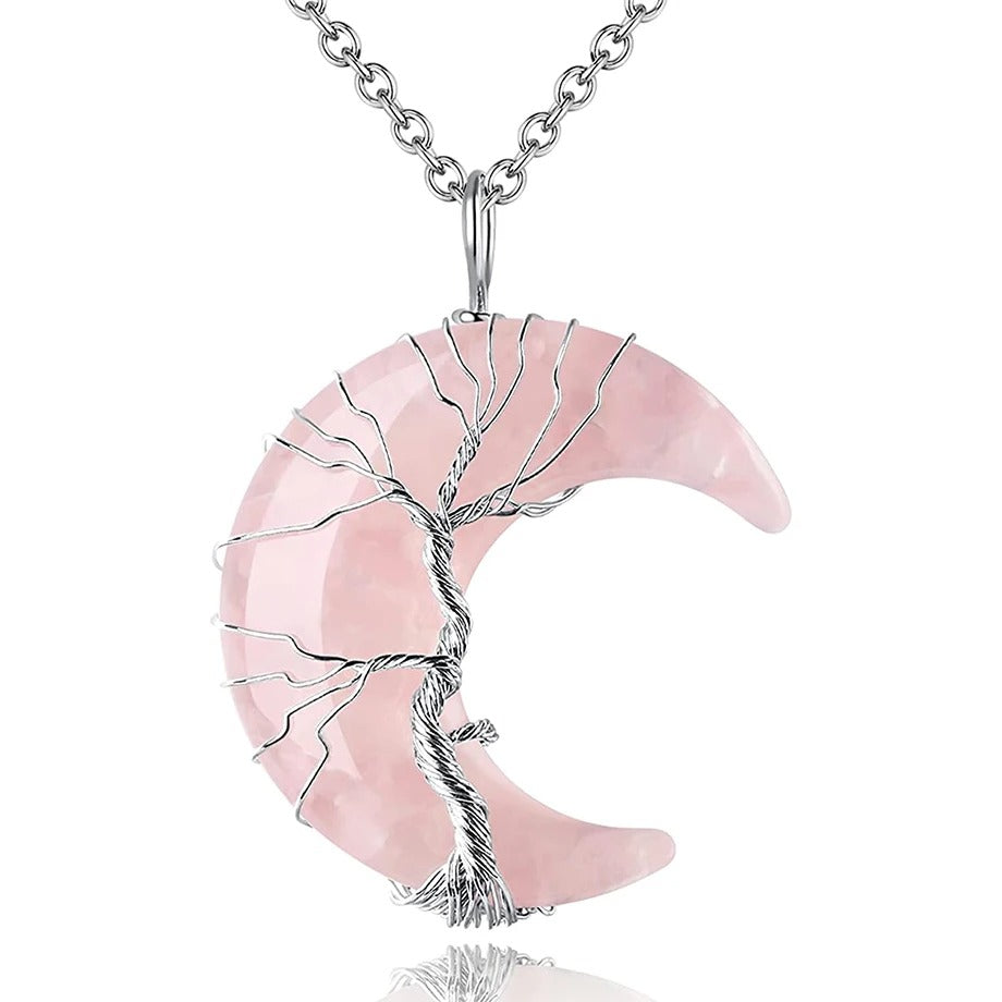 Collier femme pendentif croissant de lune pierre naturelle quartz rose acier inoxydable arbre de vie