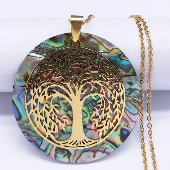 Collier arbre de vie chaine acier inoxydable doré pendentif coquille d'ormeau