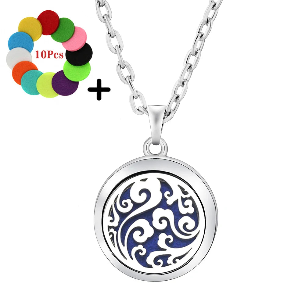 collier acier inoxydable argenté pendentif vagues diffuseur d'huile essentielle aromathérapie