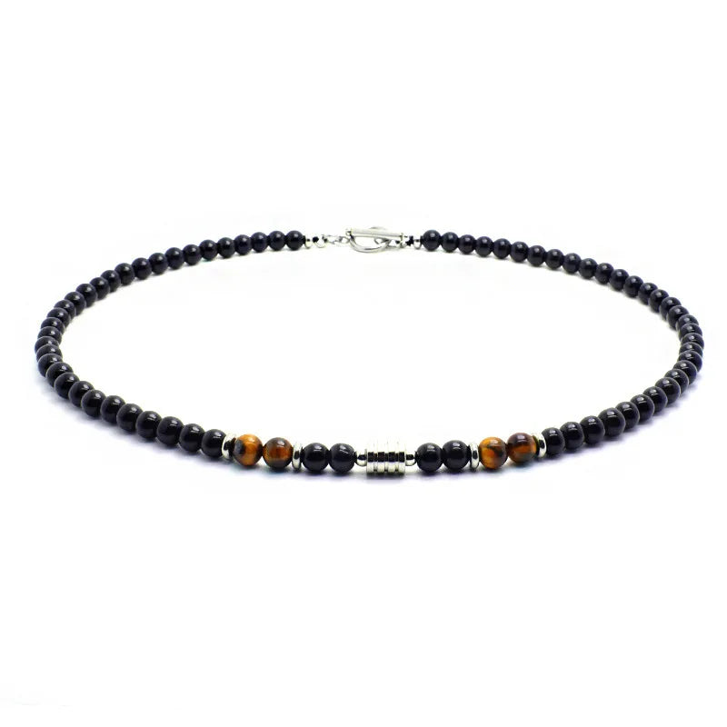 collier de perles oeil de tigre obsidienne fermoir acier inoxydable