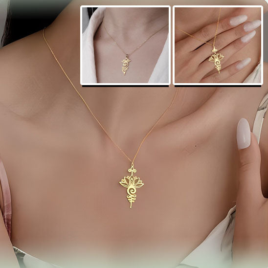 collier fleur de lotus acier inoxydable doré décolleté blanc femme longs ongles verni blanc élégante