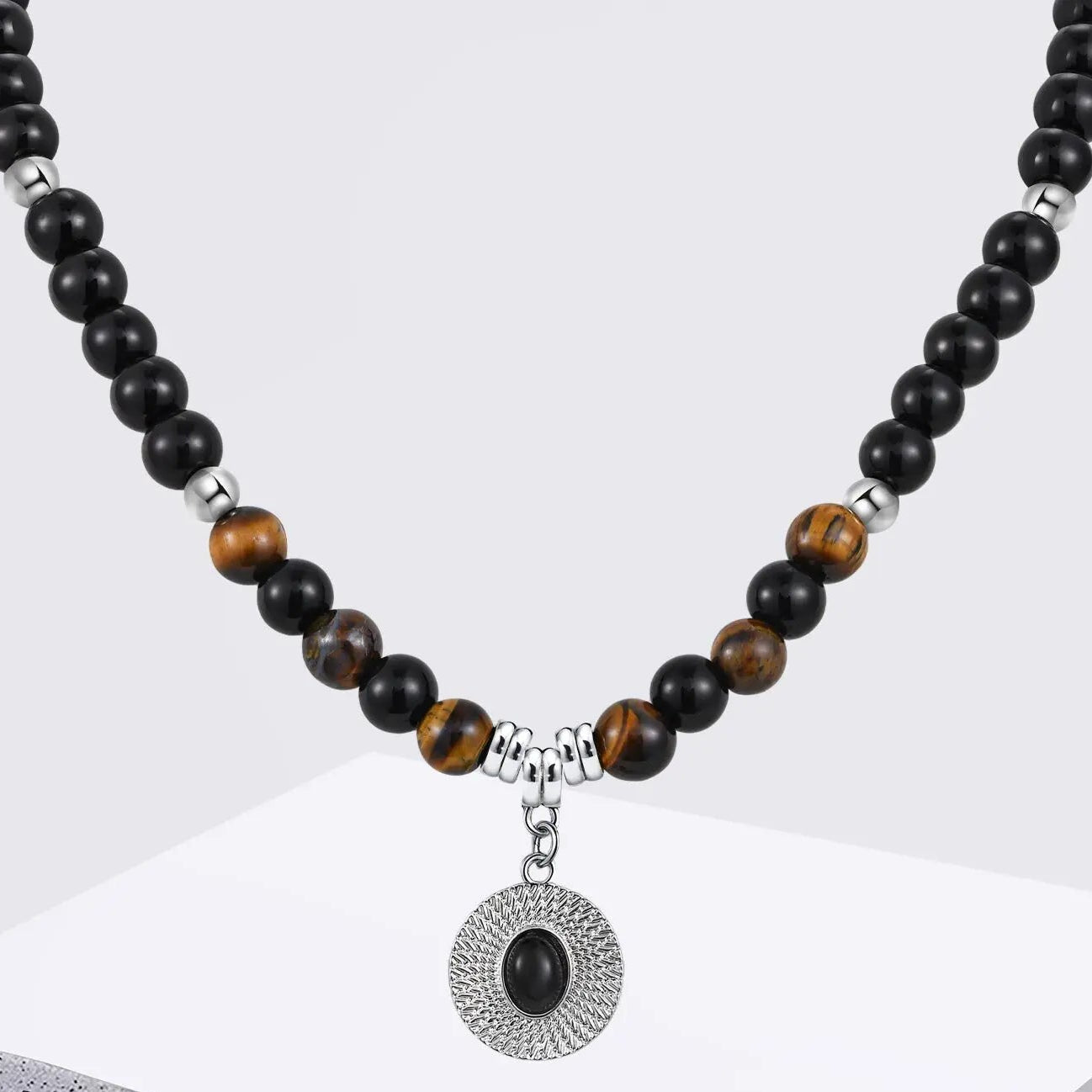 collier homme perles naturelles agates oeil de tigre pendentif acier inoxydable argenté agate noire
