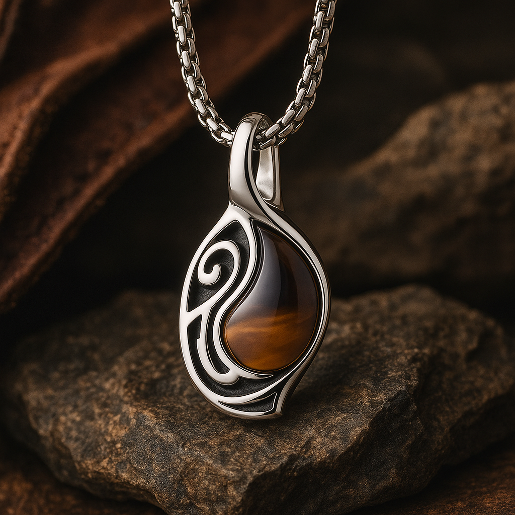 collier homme acier inoxydable argenté pierre naturelle oeil de tigre