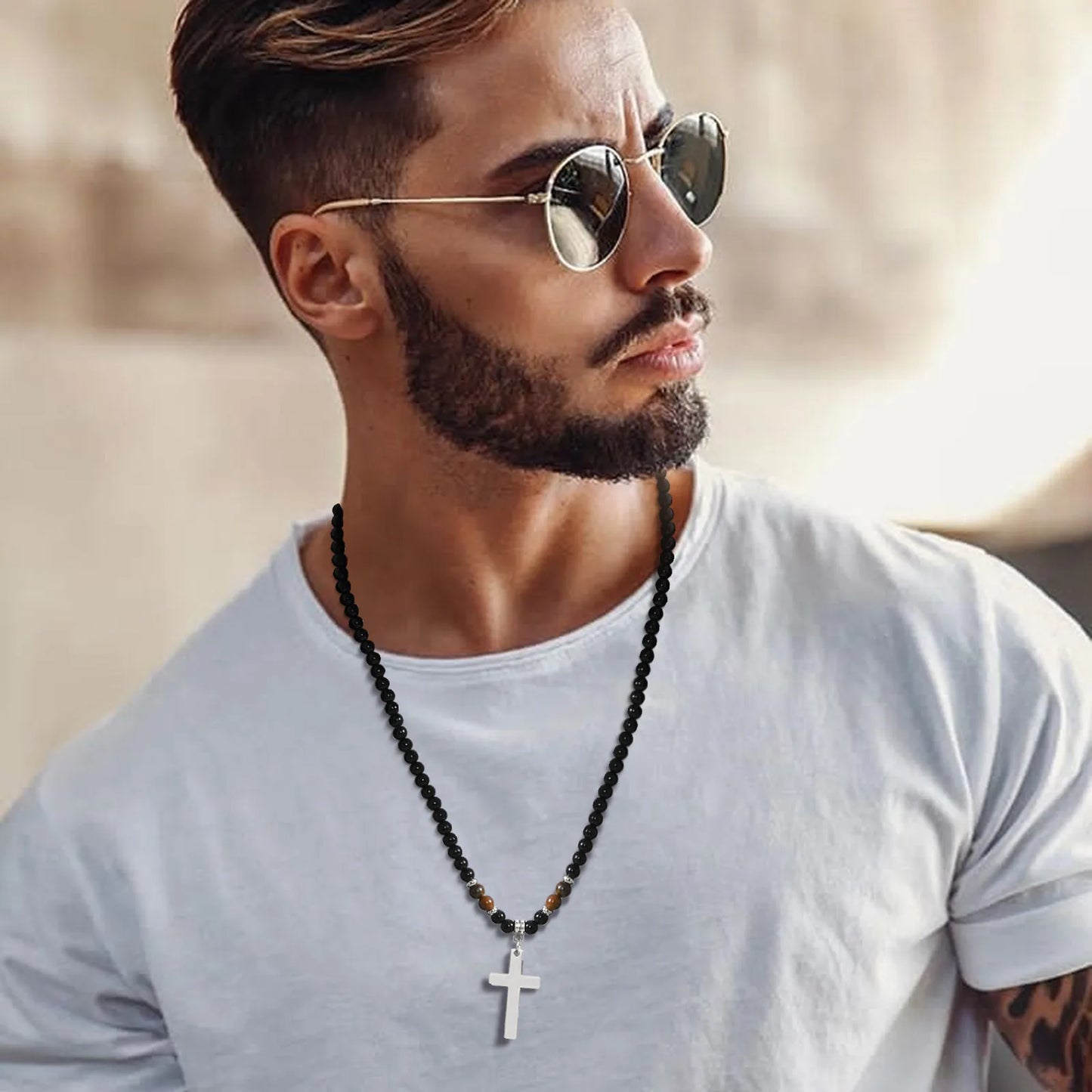 collier de perles oeil de tigre et noires pendentif croix en acier inoxydable