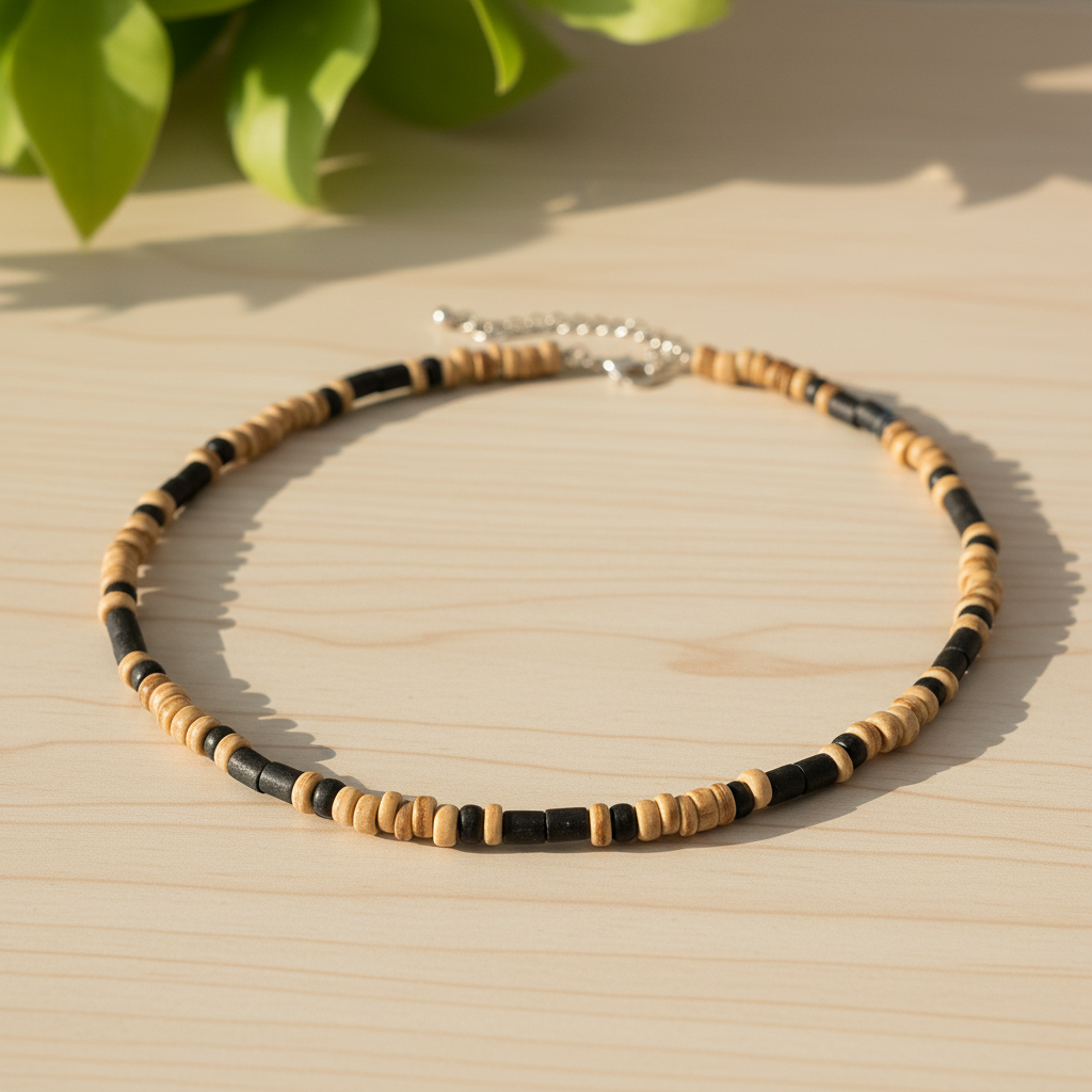 Coller perle en bois homme, présenté sur fond naturel