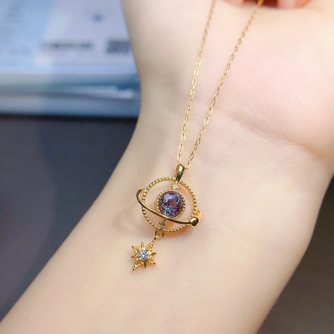 collier pierre naturelle alexandrite anti stress serti dans argent sterling 925 plaqué or design planÚte étoile univers