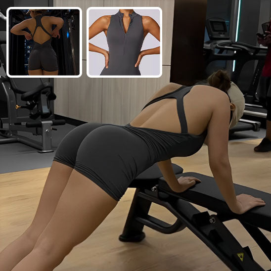 Combinaison femme gris pour le sport body pour fitness yoga gym dos nu