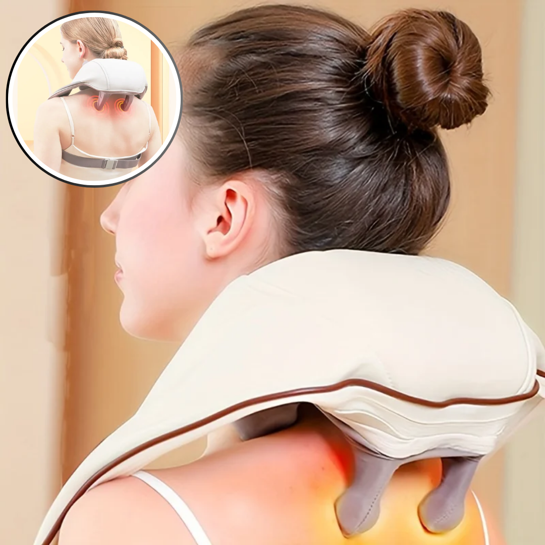 coussin massant électrique autour du cou femme détendue massant cervicales omoplates détente soulageant les tensions musculaires