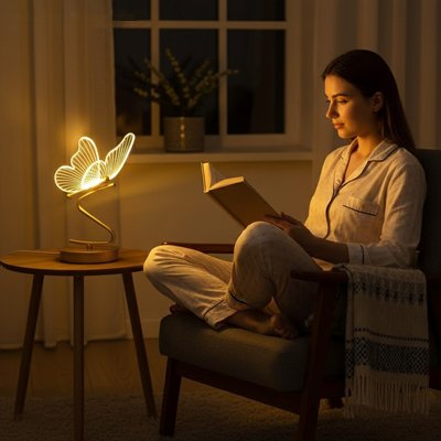 Lampe bureau design papillon allumée sur table de salon femme qui lit dans son fauteuil à la nuit tombée